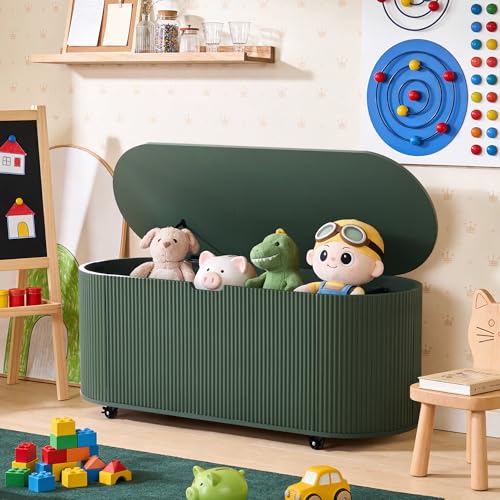 Fluted Storage Bench with 4 Wheels, 43.3” Oval Storage Chest with Safety Hinges, Modern Wooden End of Bed Bench, Large Storage Trunk Toy Chest with Lift Top for Entryway Bedroom Living Room, Green - color: Green