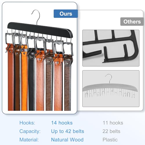 Belt Hanger for Closet, Sturdy Wood Belt Rack Closet Accessories with 14 Hooks Belt Organizer for Closet Organizers and Storage Max 42 Belts-Black 2 Pack - color: Black, size: 2 Pack