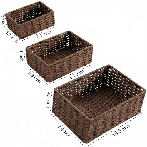 Small Wicker Basket for Organizing, Woven Storage Basket Set of 3 - Handwoven Natural Paper Rope Baskets to Declutter Any Room, Perfect for Organizing and Home Decor (Coffee) - color: Coffee