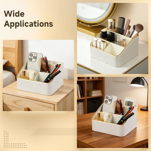 OMISTAR 4 Compartments Remote Control Holder, PU Leather Nightstand Organizer, Tiered Bedside Caddy, Desktop Storage Container for Stationery Office Supplies, Stylish Vanity Tray for Makeup - size: 4 Compartments