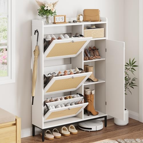 GarveeHome Shoe Cabinet Rattan with 3 Flip Drawers and 4-Tier Shoe Storage Cabinet, Freestanding Shoe Organizer with Adjustable Shelves for Entryway, Closet, Hallway (White) - color: White, size: 3-Drawers + 1-Door