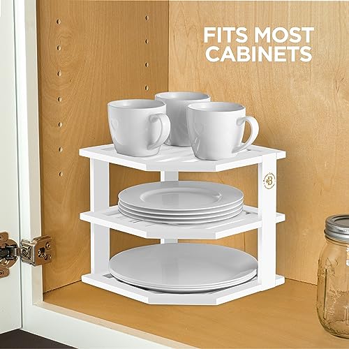 Bambüsi Plate Organizer for Cabinet - Corner Cabinet Organizer and Kitchen Cabinet Organizer Shelf, Kitchen Countertop Organizer for Plates, Dishes and Bowls, Space Saving Corner Rack, White - color: White