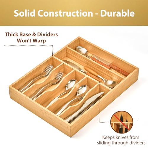 Umilife Kitchen Drawer Organizer, 12.5 Inch Silverware Utensil Tray Holder, Extra Deep, with Non-Slip Feet & Grooved Drawer Divider, 7 Slots Total Bamboo Wood Caddy for Flatware Cutlery Knives - size: 12.5 x 16.5 inch (7 Slots)