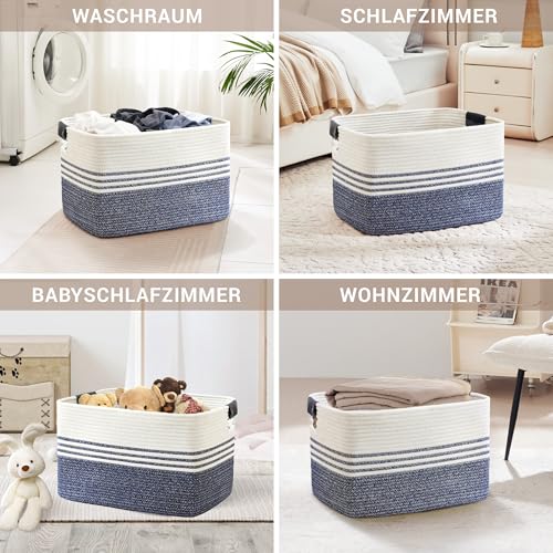 86L Extra Large Laundry Basket with Leather Handles for Living Room Storage, Woven Rope Baskets for Blanket, Kids Toy, Gifts, Wicker Hamper for Bedroom Dirty Clothes, 24"x16"x14" Denim Blue - color: Denim Blue, size: 86L