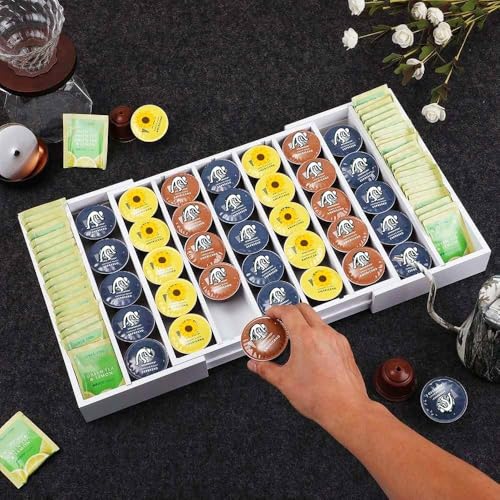 K Cup Holder,Bamboo Coffee Pod Holder Drawer Organizer, Expandable Coffee Pod Holder Tea Bag Storage Organizer for Kitchen Office Coffee Bars,Accommodate 45 K Cups (White) - color: White