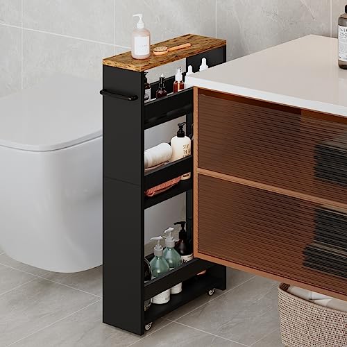 MARTY Rolling Storage Cart 4-Tier Black Kitchen Cart with Wheels, Slim Storage Cart with Handle Slide Out Utility Cart Shelving Unit Organizer Trolley for Laundry Narrow Places Bathroom Small Corner - color: Black, size: 5.51"D x 15.75"W x 31.5"H