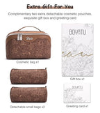 BOYATU Travel Makeup Bags Cosmetic Organizer Bag: 3 Pcs Set Large Capacity Floral Make up Bag with Compartments - Waterproof Leather Toiletry Bags with Handle for Women (19-Brown) - color: 19-Brown