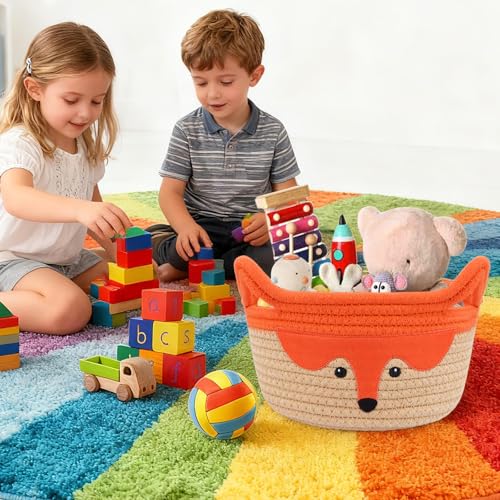 Small Storage Basket, Cute Fox Animal Gift Basket for Nursery, Woven Rope Cotton Storage, Soft Baby Towel 0rganizer with Ears Handles, Caddy Blanket Towel Decor Storage Bin, 8.2"D x 4.7"H in - color: Orange, size: 9"D × 5 "H
