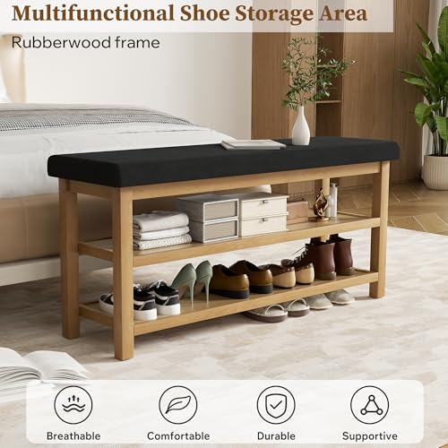 2 Tier Shoe Rack Bench with Cushion, Rubberwood Shoe Benches, Mid-Century Modern Shoe Storage Bench for Entryway, Hallway, Living Room, Closet, Front Door Entrance, Black - color: Black