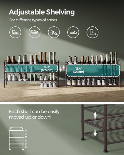 SONGMICS Shoe Rack, 3-Tier Shoe Organizer, Metal Shoe Shelf Storage with 4 Side Hooks, Holds 18 Pairs of Shoes, Height-Adjustable Shoe Rack for Entryway, Hallway, Closet, Chestnut Brown ULMR131A01 - color: Chestnut Brown, size: 3 Tiers (44.9"W)