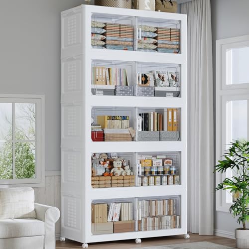 200GAL Storage Bins with Lid and Wheels, Stackable Closet Organizers and Storage Drawer, Collapsible Storage Box with Dividers, Foldable Plastic Cabinets for Room, Kitchen, 5 Pack White - color: White, size: 40Gal-5Pack