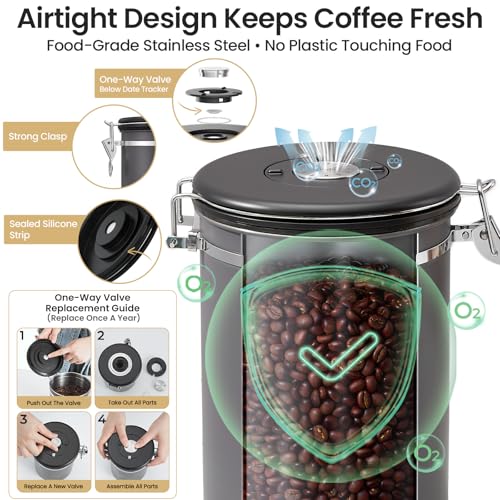 Veken Coffee Canister, 39OZ Large, Airtight Stainless Steel Food Storage Container for 2.2lbs Coffee Beans,Ground, Sugar,Espresso,Rice,Tea,Flour, Pod Baskets, Home Kitchen Bar Accessories, Gifts, Gray - color: Gray, size: 39 oz