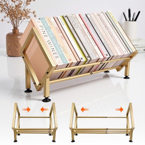 Expandable Desktop Bookshelf Organizer, Small Tabletop Book Storage Rack, Portable Mini Bookcase for Books/CDs/Magazine Display, Desk Shelf for Top of Desk in Living Room, Office, Home Decor (Gold) - color: Gold