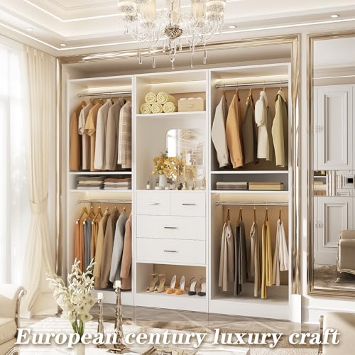 Unikito 75 Inch Closet System with 4 Drawers, 6.3FT Walk in Closet Organizer with Hanging Rods and Mirror Design, Reversible Large Closet Wardrobe with Shelves, Adjustable Closet Tower, White