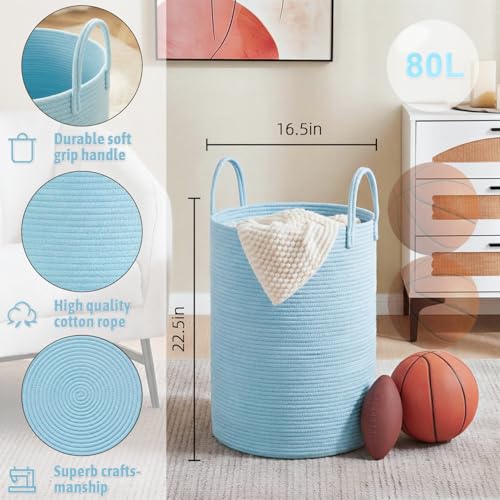 Laundry Basket,Woven Cotton Rope Laundry Hamper,80L for Decor Storage of Dirty Clothes,Toys and Blankets in Bathroom,Baby Room and Living Room - color: Blue, size: 80L