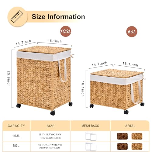 Rolling Laundry Hamper with Lid, Natural Water Hyacinth Basket with Removable Liner, Wheel or Non-Slip Installation Laundry Basket for Home Use (Natural, 100L) - color: Natural, size: 100L