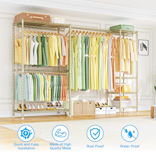 Ulif E10 Clothes Rack（With Stretchable Hanger Rod）Freestanding Clothing Racks for Hanging Clothes，Adjustable Closet Organizer System，Portable Garment Rack 73-97"W x 15" D x 72" H，Max Load 800LBS，Gold - color: Gold