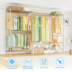 Ulif E10 Clothes Rack（With Stretchable Hanger Rod）Freestanding Clothing Racks for Hanging Clothes，Adjustable Closet Organizer System，Portable Garment Rack 73-97"W x 15" D x 72" H，Max Load 800LBS，Gold - color: Gold