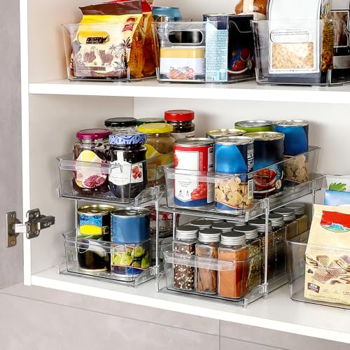 2 Tier Clear Organizer with Dividers for Cabinet, Shlef, Counter - MultiUse Slide-Out Storage Container - Kitchen, Pantry, Medicine Cupboard Bins, Bathroom, Vanity Makeup, Under Sink Organizing - size: 8" W - 1 Set