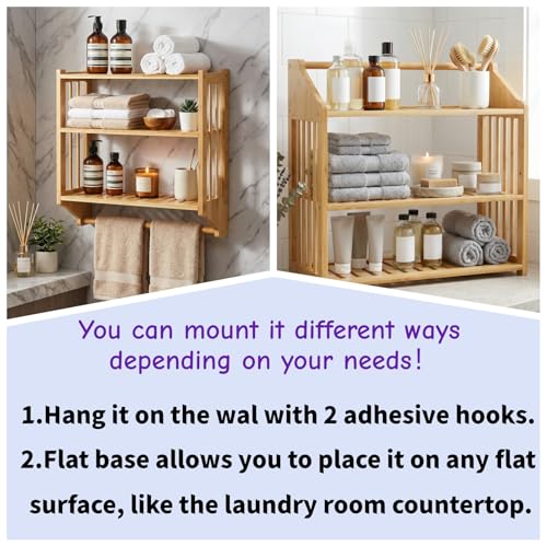 Goaste Bamboo Over The Toilet Storage Shelf, 3-Tier Wall Mounted Bamboo Rack Organizer, Floating Rack with Hanging Rod, Free Standing Shower Shelf with Adjustable Layer for Kitchen, Bathroom, Home