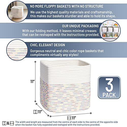 NaturalCozy Storage Cubes 11 Inch Cotton Rope Woven Baskets for Organizing, 3-Pack | Cube Storage Bin | Square Storage Baskets for Shelves Organizer, Classroom, Kids Toy Bins, Closet, Baby Nursery - color: Off White & Rainbow Stitching