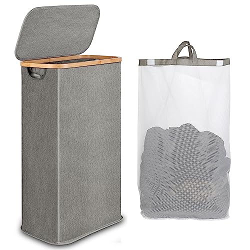 iEGrow 65L Slim Laundry Hamper, Narrow Laundry Basket with Lid,Foldable Clothes Hamper with Bamboo Handles,Hamper Basket with Removable Inner Bag for Laundry Room Bedroom College Dorm,17.17 Gals Grey - color: Grey, size: 65L