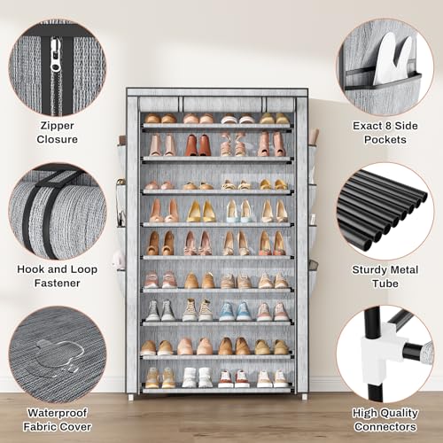 Shoe Rack with Cover, 10 Tier Shoe Organizer Storage for 40-50 Pairs Sneaker and Boots, Large Capacity, with 8 Pockets, Free Standing Tall Shoe Rack for Front Door Entrance, Closet, Printing - color: Printing