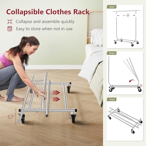 Tajsoon Clothing Rack Heavy Duty Clothes Racks Foldable Garment Rack with Wheels and Extendable Rod, Collapsible Clothing Rack Max Capacity 250lbs, Industrial Rolling Racks with Bottom Shelf, Chrome - style: Single Rod Commercial