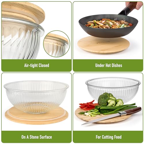 Stackable Space-Saving Set of 5 Nesting Glass Bowls with Bamboo Lids for Foodprep, Storage, Baking, Mixing & Cooking, Microwave & Oven Safe BPA Free Heat Resistant Inert Borosilicate Glass - color: 5 Mixing Bowls with Bamboo Lids (Ribbed)