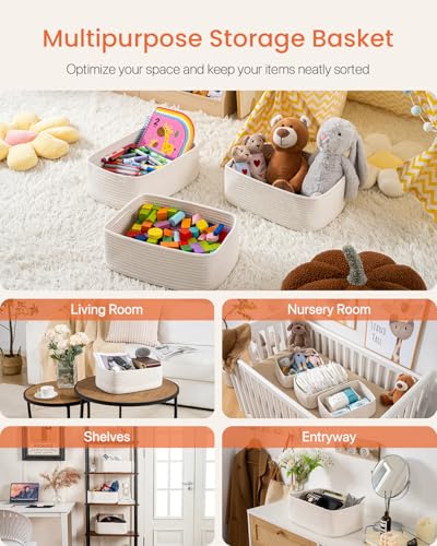 Small Woven Basket, 13.5 x 9.5 x 5 Inches, Storage Basket for Organizing, Cute Small Rope Shelf Closet Cube Storage Bins Baskets for Shelves, Dog Toy Gift Baskets Empty, 3 Packs, Off White - color: Off White, size: 13.5"L x 9.5"W x 5"H