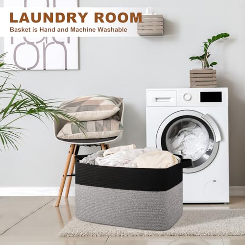 Extra Large Laundry Basket, 95L Blanket Basket for Living Room, Cotton Rope Toy Storage for Kids, Woven Storage for Clothes, Towels, Pillows, 24" x 17" x 14", Pink and White - color: Black & Grey, size: 24"x16.9"x14.2"