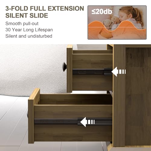REDAYFUR End Table with Fast USB C Charging Station, Sofa Side Table with 2 Drawers, Large Storage Rustic Wood Square Storage Cabinet for Living Room,Bedroom,Office, Light Brown - color: Light Brown, size: 1 Piece