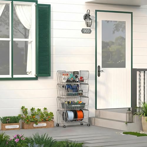 PUSDON 4-Tier Spacious Stackable Wire Storage Baskets with Wheels, Metal Rolling Utility Cart Organizer, Fruit and Vegetable Produce Basket for Kitchen Pantry, Everyday Bathroom Shelf, Silver Grey - color: Silver Grey, size: 4 Tier Standard