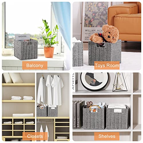 Vagusicc Storage Basket, Set of 2 Hand-Woven Paper Rope Wicker Baskets for Storage, Foldable Cube Storage Bins Organizer, 9 inch Medium Wicker Storage Baskets for Shelves Pantry Organizing Decor, Grey - color: Grey, size: 9'' x 9'' x 9''