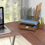 Simple Houseware Mesh Desk Organizer with Sliding Drawer, Double Tray and 5 Upright Sections, Copper - color: Copper
