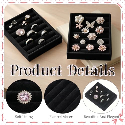 2 PCS Small Jewelry Tray Ring Organizer, Velvet Stackable Ring Organizer Mini Jewelry Drawer Organizer Tray 6 Slots Ring Stud Earrings Display Case for Women(Black) - color: Black