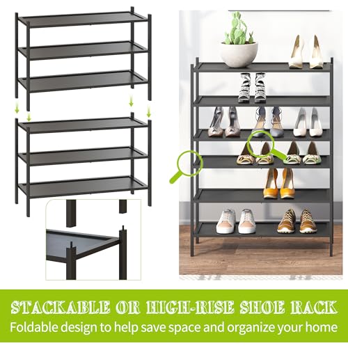 BMOSU 3-Tier Bamboo Shoe Rack Premium Stackable Shoe Shelf Storage Organizer for Hallway Closet Living Room Entryway Organizer(Black) - color: Black, size: 3-Tier（27*11*18.3inches）
