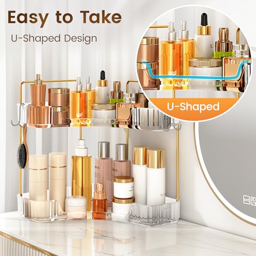 Corner Bathroom Counter Organizer 2 Tier Bathroom Organizers and Storage Countertop with Hooks Skin Care Exquisite Vanity Organizer Countertop Bathroom Storage Dresser, Kitchen-Clear - color: Clear, size: 2 Tier