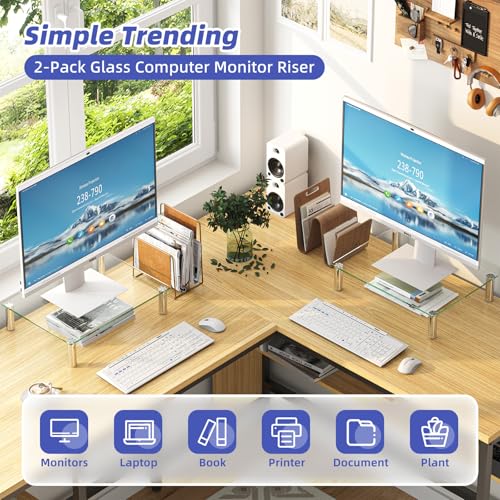 Simple Trending 2 Pack Computer Monitor Riser with Height Adjustable, Tempered Glass, Multi Media Desktop Stand for Flat Screen TV Laptop - size: 14.25 x 9.5 x 3.5 inches