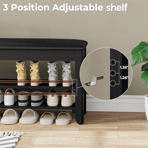 Homleke Shoe Rack Bench with Flip-Top Storage, Solid Wood Entryway Bench with Cushion, Adjustable Shelf, for Hallway, Mudroom, Closet – Black, 39.4" - color: Black, size: 39.4"