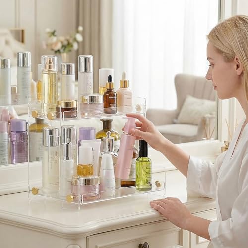 FFK Bathroom Organizer Countertop 2-Tier Storage：Bathroom Counter Organizer Acrylic Standing Holder Cosmetic Storage Perfume Shelf for Bathroom Bedroom Dressing Table1 - color: Transparent - Acrylic