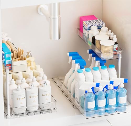 Yieach 2 Pack Under Sink Organizer,14.5″ Deep Sliding Inder Sink Organizer for Kitchen and Bathroom Under the Sink Organizer,2 Tier Undersink Organizers for Vanity,Under Counter Storage Organization - size: 12.8 In High