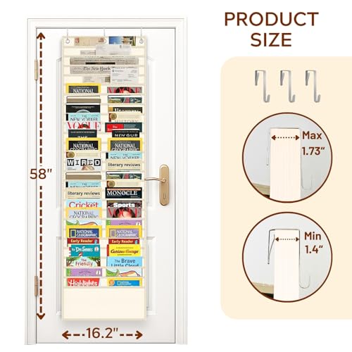26-Pocket Over The Door File Organizer - Vertical Hanging Storage for Magazines, Documents & Paper, Heavy-Duty Door Organizer for Office, Classroom & Home - color: Beige