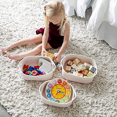 NaturalCozy 5-Piece Rectangle Storage Basket Set- Natural Cotton Rope Woven Baskets for Organizing! Small Basket for Montessori, Baby Nursery, Dog Toy Baskets, Cat Toy Box, Bathroom Organization Bin - color: Off White & Mixed Pink