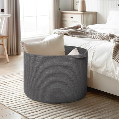 Extra Large Blanket Basket, 22"x14" Woven Cotton Rope Baskets for Organizing, Kids Dog Toy Bin Box, Large Wicker Blanket Storage for Living Room, Throw Pillow Holder Organizer, Dark Gray - color: Dark Gray