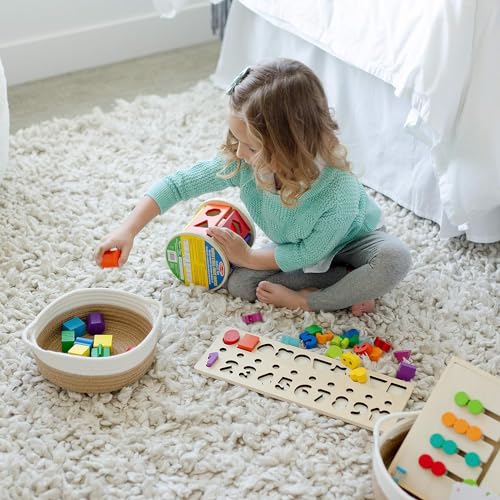 NaturalCozy 5-Piece Round Small Woven Baskets Set– Cotton Rope Baskets for Organizing! Montessori Toys, Fruits Remotes Key Tray Bowl for Entryway Desk, Shallow Catchall Home Décor, Cat Dog Bin Gift - color: Off White & Jute