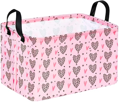 Valentines Basket Rec Heart Print Box Hamper Storage Basket Collapsible Organizer Bin Gift Shelf Baskets for Home and Kitchen Storage - color: Leopard love