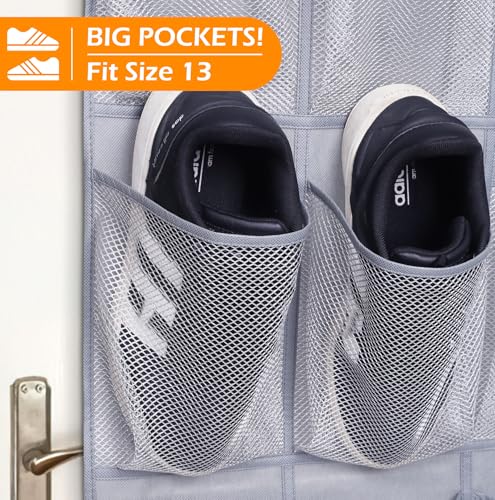 MISSLO 35 Large Pockets Over The Door Shoe Organizer Sturdy Oxford Fabric Hanging Shoe Rack for Door Mesh Closet Shoe Holder Hanger, Grey - color: Grey, size: 24.5x68.5