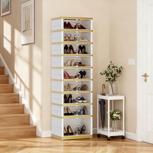 SYNCVIBE Foldable Shoe Rack Organizer Folding Shoe Boxes, 9 Tier 18 Pairs Storage Shoe Cabinet Collapsible Shoe Rack with Magnetic Clear Door Easy Assembly Shoe Cabinet with Wheels, White Gold - color: White and Golden, size: 9 Tier 18 Pairs