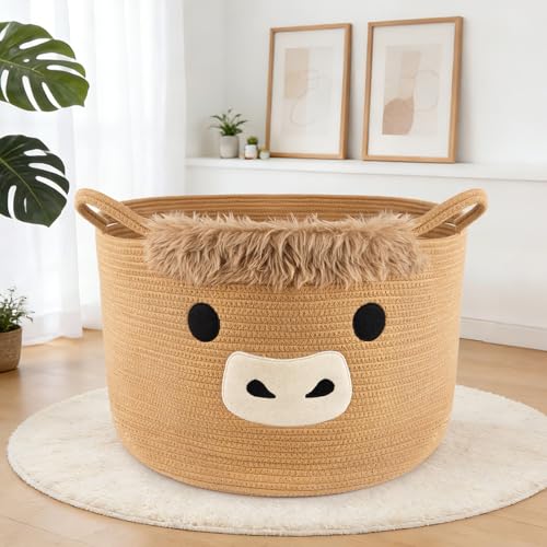 Large Highland Cute Cow Basket for Nursery,Woven Laundry Blanket Gift Basket, Cotton Rope Storage Bins with Handles, Extra Empty Decorative Bin for Towels Pillow Clothes Hamper Room,23"D×13"H - color: Brown, size: 23"D ×13 "H